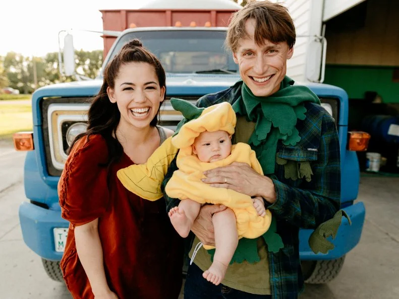 Host Molly Yeh with husband Nick and daughter Bernie, as seen on Girl Meets Farm, Season 4.