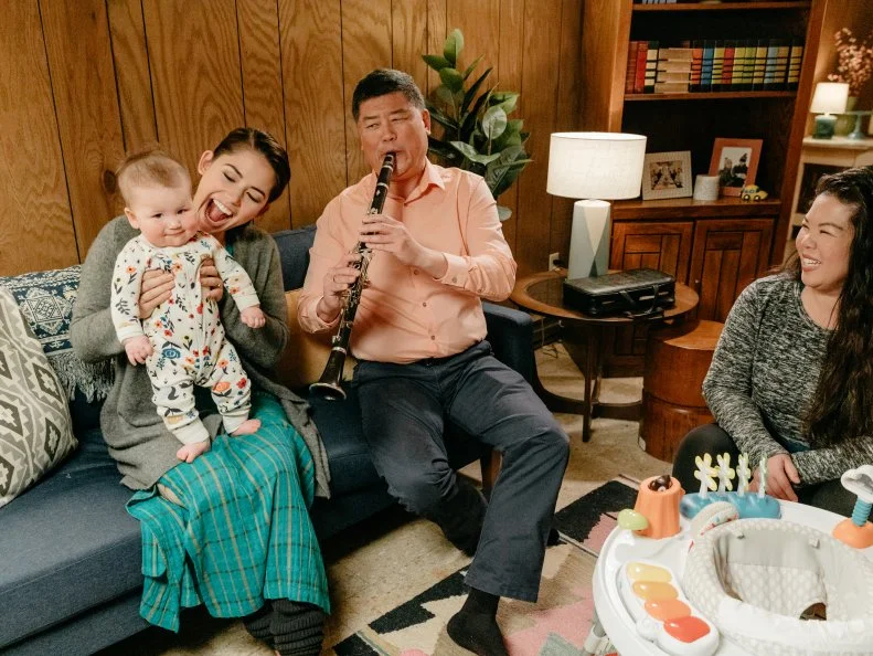 Host Molly Yeh, with special guests Aunt Lucy and John Yeh, who is playing clarinet for Bernie, as seen on Girl Meets Farm, Season 5.