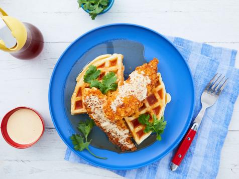 Cheddar Chicken and Waffles with White BBQ Sauce and Hot Maple Syrup