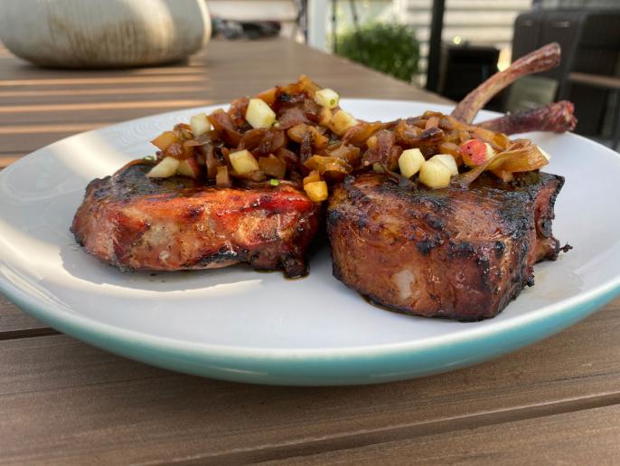 Smoky Pork Chops with Caramelized OnionHoneycrisp Compote Recipe Jeff Mauro Food Network