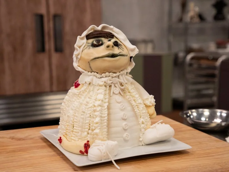 Renee's cake beauty - CAKE FLAVOR: BUTTER PECAN. .VANILLA PECAN CAKE W/ BUTTERY PECAN FILLING, PRUNE PASTRY CREAM, SWISS MERINGUE FROSTING. .TREAT TWIST—PRUNE BABY FOOD.TRICK TWIST—BABY SHOE, as seen on Halloween Baking Championship, Season 6.