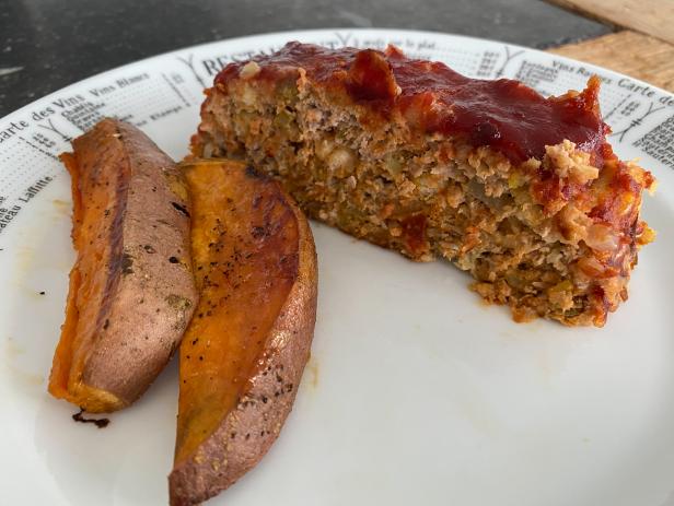 Katie Lee makes Turkey Meatloaf with Cranberry Ketchup Glaze and Roasted Sweet potato wedges, as seen on The Kitchen, season 26.