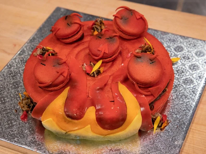 Aaron's cake - INGREDIENT: SAUERKRAUT. .ALMOND MACARON FILLED W/ 58% CHOCOLATE GANACHE AND FRESNO CHILE PEPPER MARMALADE, TOPPED W/ CANDIED SAUERKRAUT. .FONDANT FLAMES, as seen on Halloween Baking Championship, Season 6.