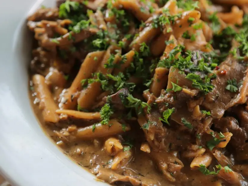 Mushroom Stroganoff as Served at Harlow Café and Juice Bar in Portland, Oregon as seen on Food Network's DDD Nation episode DVSP114H.