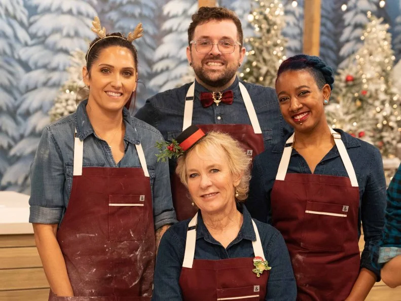 Contestants Kyle Smothers, Jessica Sims-Gousse, Sybille Kroemer and Corinda Baum, as seen on Holiday Wars, Season 2.