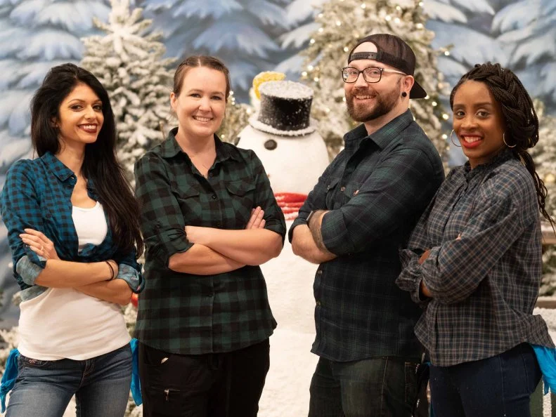 Contestants Ryan Stipp, Mina Rivazfar-Hoyt, Baindu Squire and Jessica Tatham, as seen on Holiday Wars, Season 2.