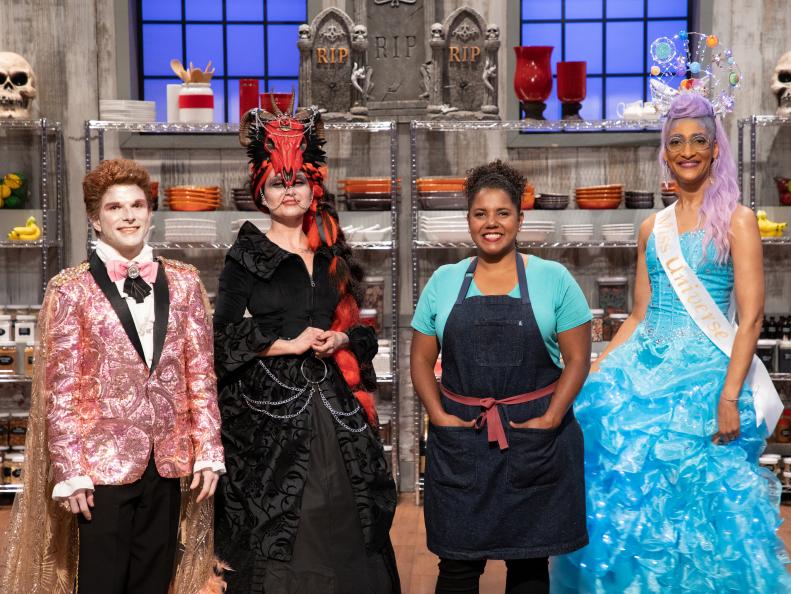 Group shot of Zac, Stephanie, Sinai and Carla in pantry - judges, winner and host final shot, as seen on Halloween Baking Championship, Season 6.