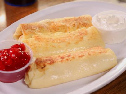 Cheese Blintzes as Served at The Bagel Deli in Denver, Colorado as seen on Food Network's DDD Nation episode DVSP121H.