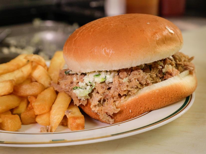 Pork Barbecue Sandwich as Served at Doumar's Cones and BBQ in Norfolk, Virginia as seen on Food Network's DDD Nation episode DVSP121H.