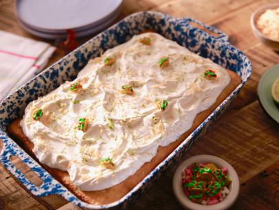 Food Beauty of Molly Yeh's Coconut-Lime Tres Leches Cake ,as seen on Food Network. Season 6.