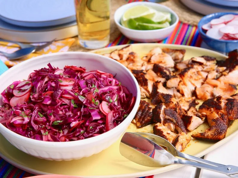 Food Beauty of Molly Yeh's Roasted Salmon Tacos ,as seen on Food Network. Season 6.