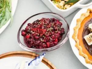 Outdoor Table setting; overhead of Aarti's Cranberry sauce dish, as seen on Sunny Anderson Thanksgiving.