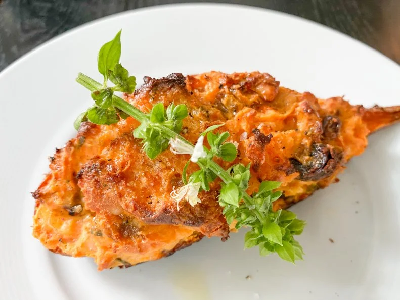 Geoffrey Zakarian makes Twice-Baked Sweet Potato with Sausage and Ricotta, as seen on Food Network's The Kitchen
