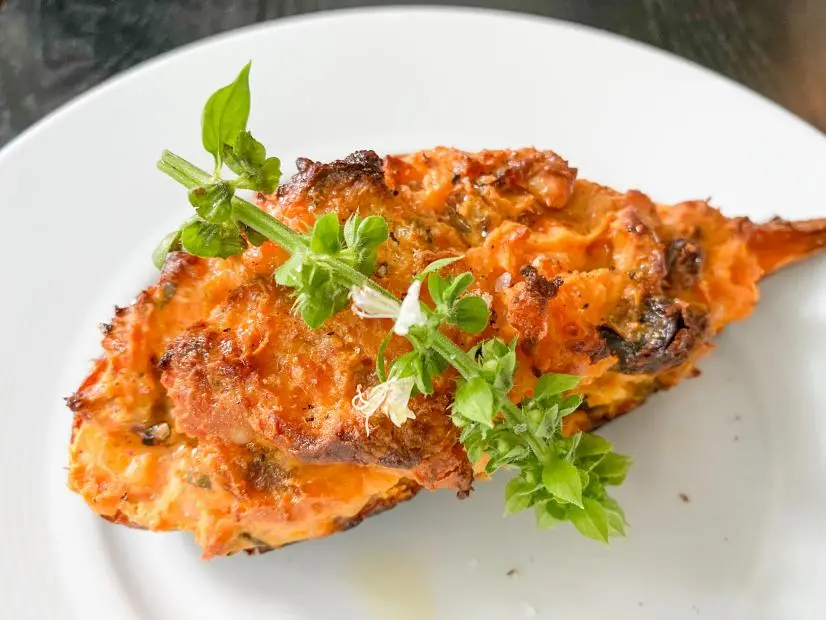Geoffrey Zakarian makes Twice-Baked Sweet Potato with Sausage and Ricotta, as seen on Food Network's The Kitchen