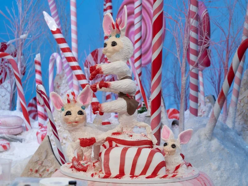 The cake Lord Minty the Third created by the Red Team Contestants Deva Williamson, Ray Miranda-Vizcaino, Jewel Johnson and Linda Khachadurian, as seen on Candyland, Season 1.
