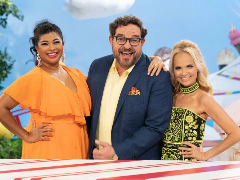 Host Kristin Chenoweth and judges Aarti Sequeira and Nacho Aguirre, as seen on Candyland, Season 1.