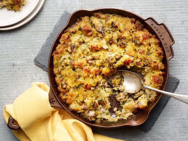 Food Network Kitchen’s Cast Iron Oyster and Cornbread Stuffing, as seen on Food Network.
