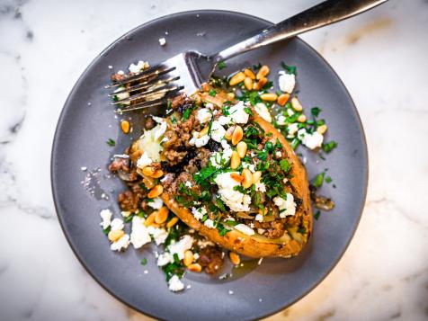 Roasted Sweet Potatoes Topped with Spiced Ground Beef and Pine Nuts