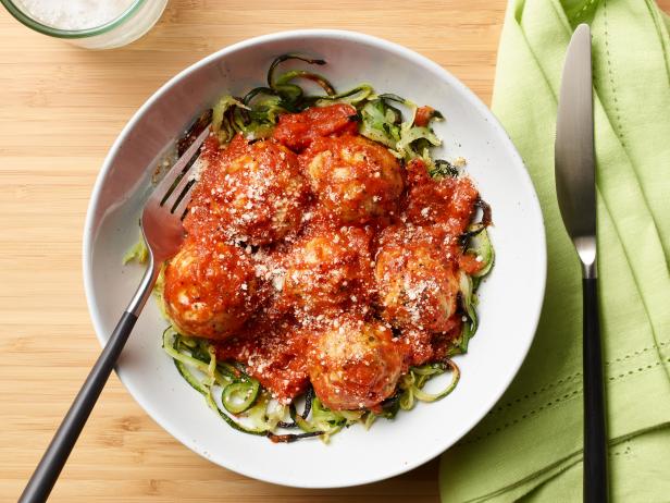 Food Network Kitchen’s Healthy Air Fryer Turkey Meatballs with Zoodles, as seen on Food Network.