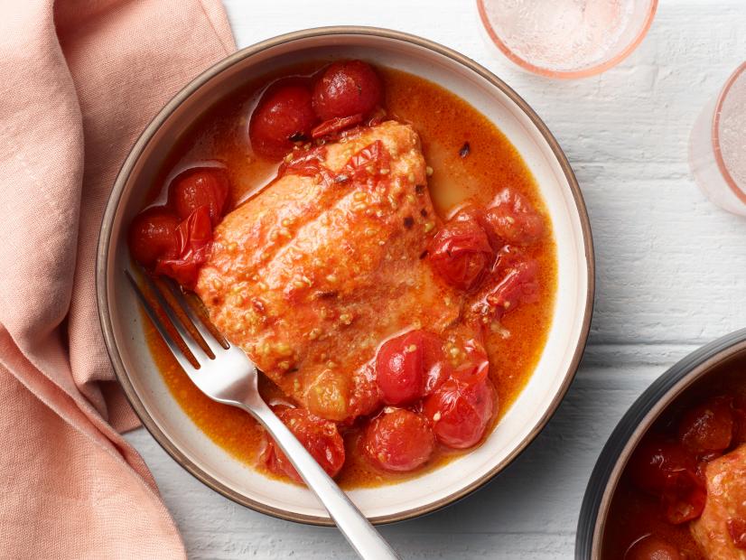 Food Network Kitchen’s Tomatoey Simmered Frozen Salmon, as seen on Food Network.