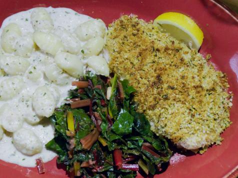Roasted Halibut or Chicken, Gnocchi with Walnut Sauce and Sauteed Chard