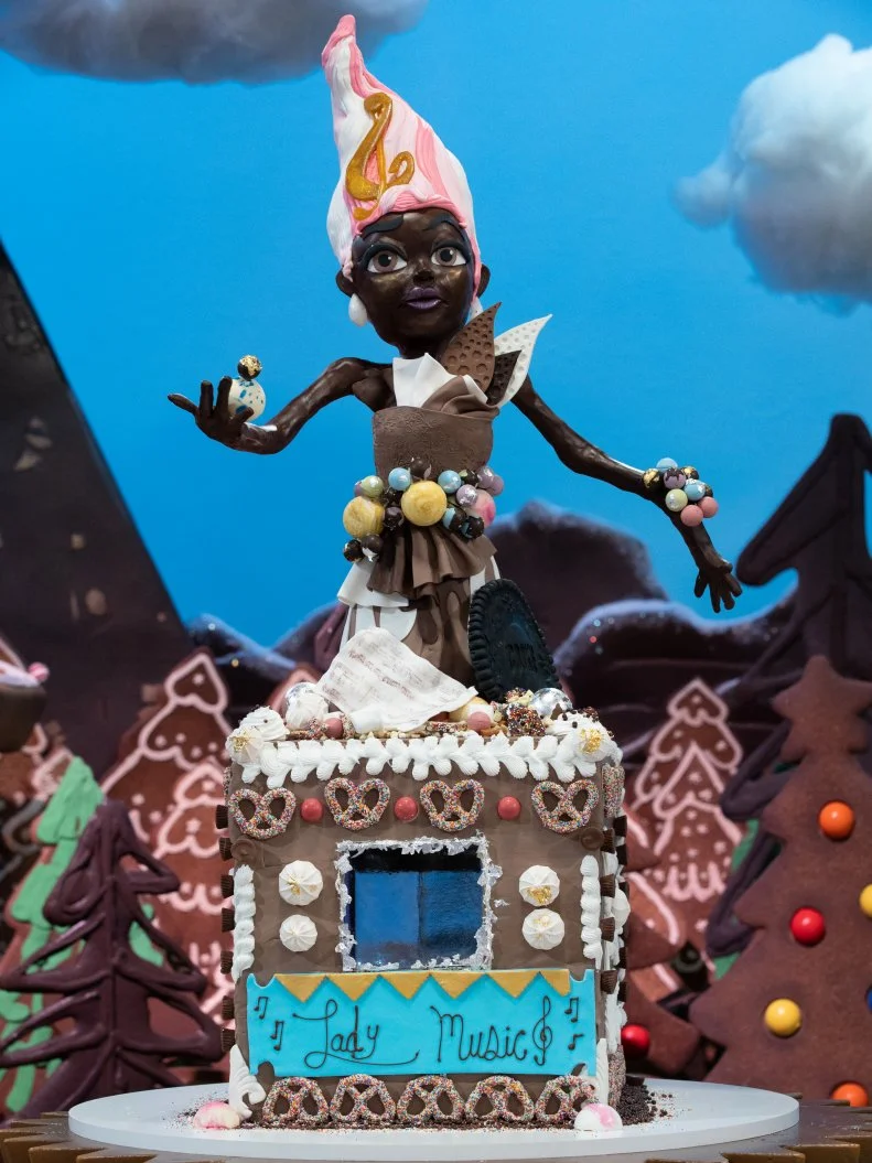 The Cake titled Lady Music created by contestants Deva Williamson, Ray Miranda-Vizcaino, Jewel Johnson and Deavynne Millward, as seen on Candyland, Season 1.