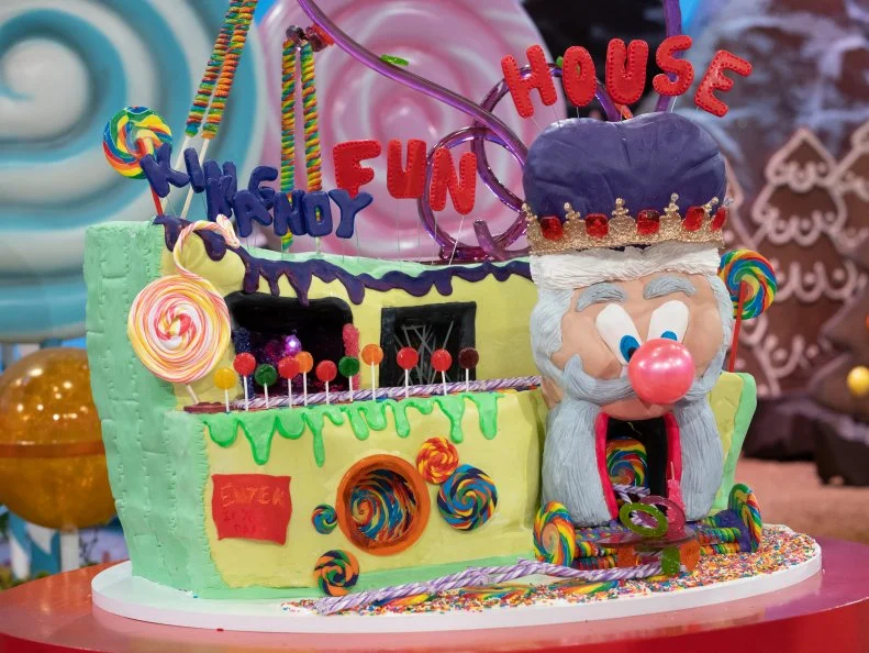A detail of the cake titled Fun House created by contestants Andrew Fuller, Mona Marwaha, Alexis Nicole and Robert Nieto as seen on Candyland, Season 1.