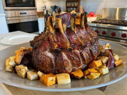 Katie Lee makes Pork Crown Roast with Roasted Potato and Vegetables, as seen on The Kitchen, season 26.