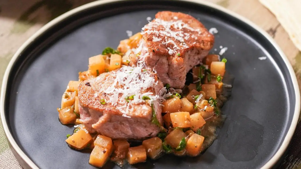Pan-Seared Pork Tenderloin with Braised Turnips and Parmesan