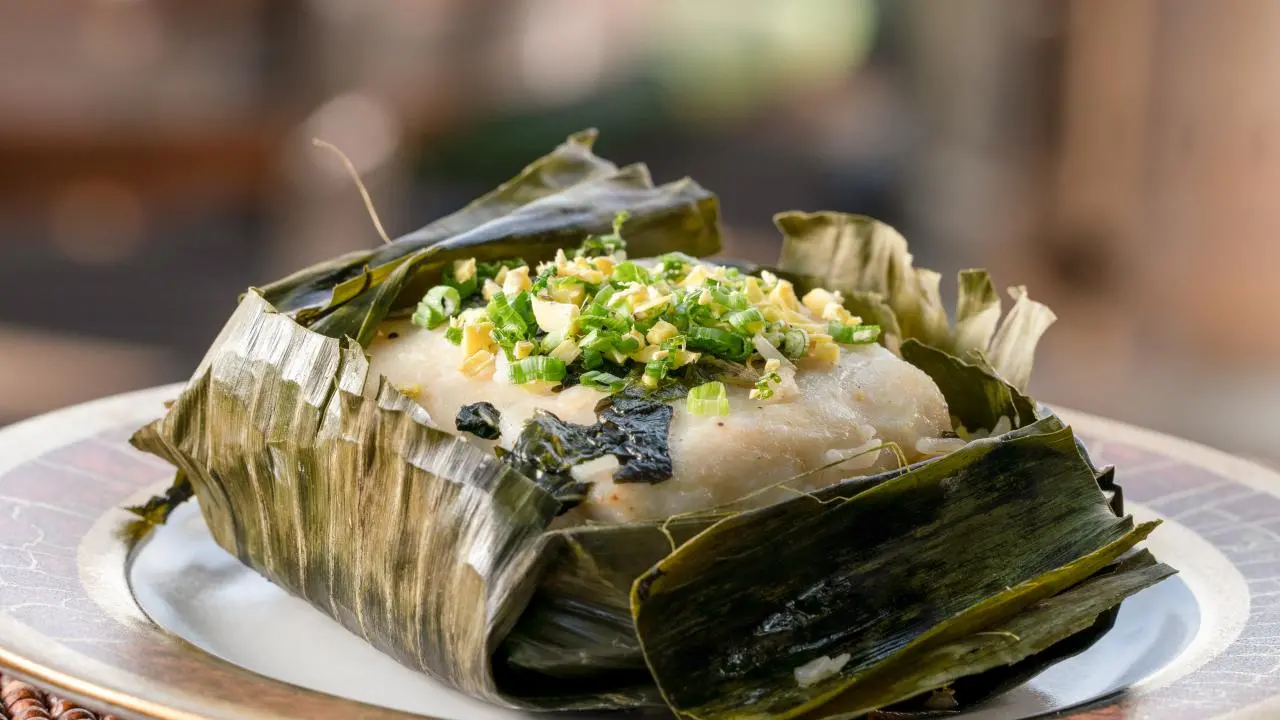 Banana Leaf Wrapped Bass with Scallion-Ginger Fried Rice