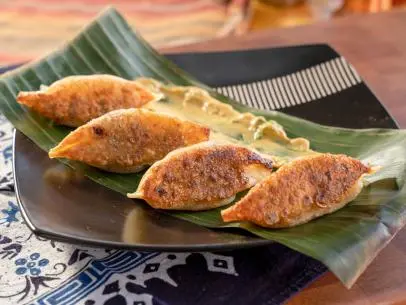 Special guest Ming Tsai's dish, Cheese Steak Pot Stickers, as seen on Guy's Ranch Kitchen, Season 4.