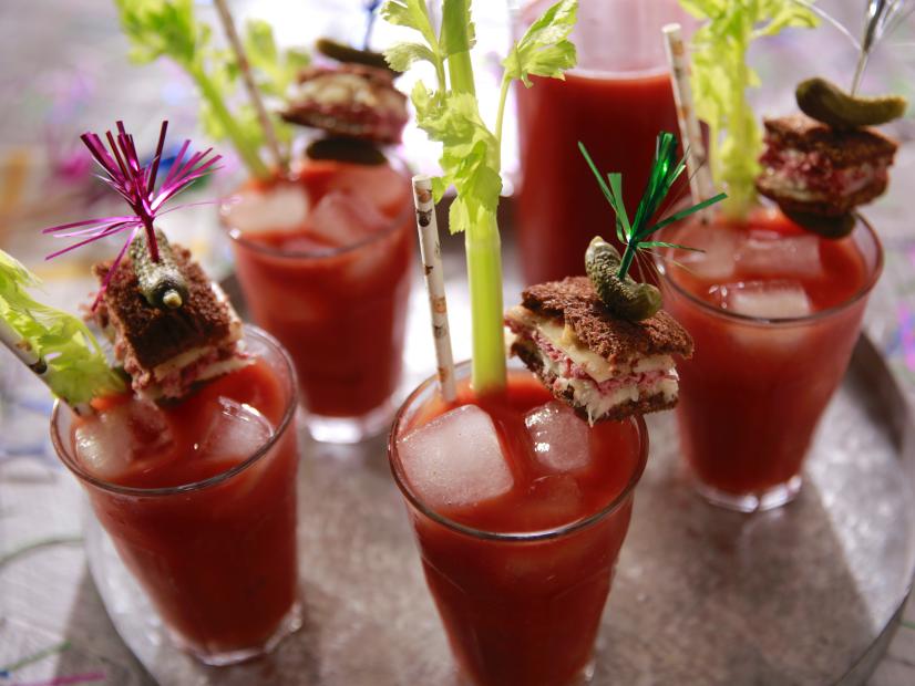 Beauty shot of Molly Yeh's Caraway Bloody Marys with Mini Reubens, as seen on Girl Meets Farm, season 7.