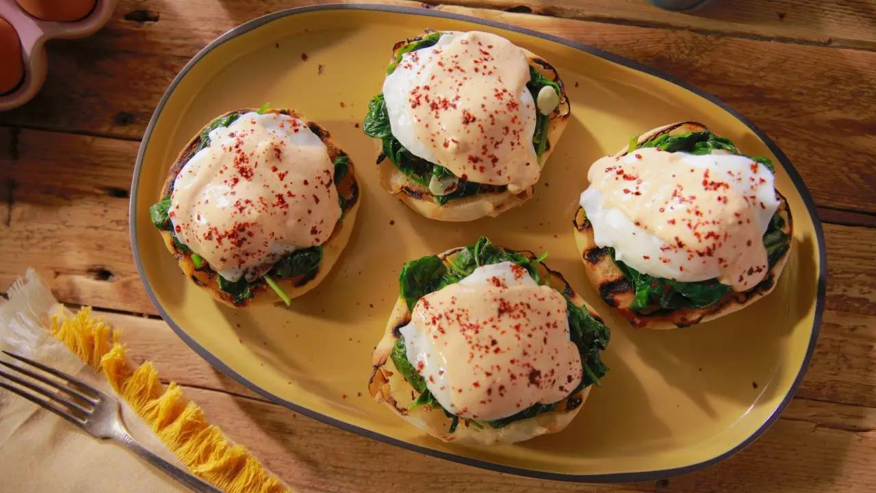 Pita and Greens Benedict with Feta Cream Recipe | Molly Yeh | Food Network