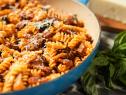 Geoffrey Zakarian makes Fusilli with Sausage and Oyster Mushrooms, as seen on The Kitchen, season 27.