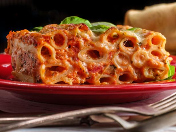Italian-American cuisine baked ziti lasagna with mozzarella cheese