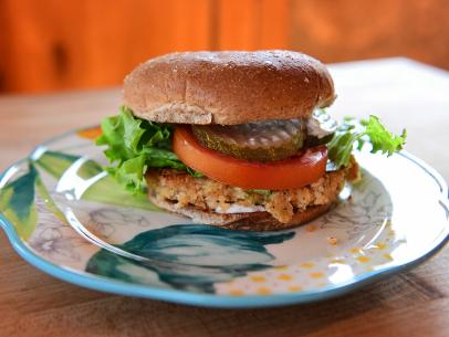Close-up of Salmon Burgers, as seen on The Pioneer Woman, season 26.