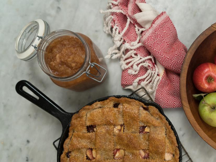 Sarah Copeland's Lattice Top Apple Plum Skillet Pie alongside a jar of Apple-Pear Sauce, as seen on Every Day is Saturday, Season 2.