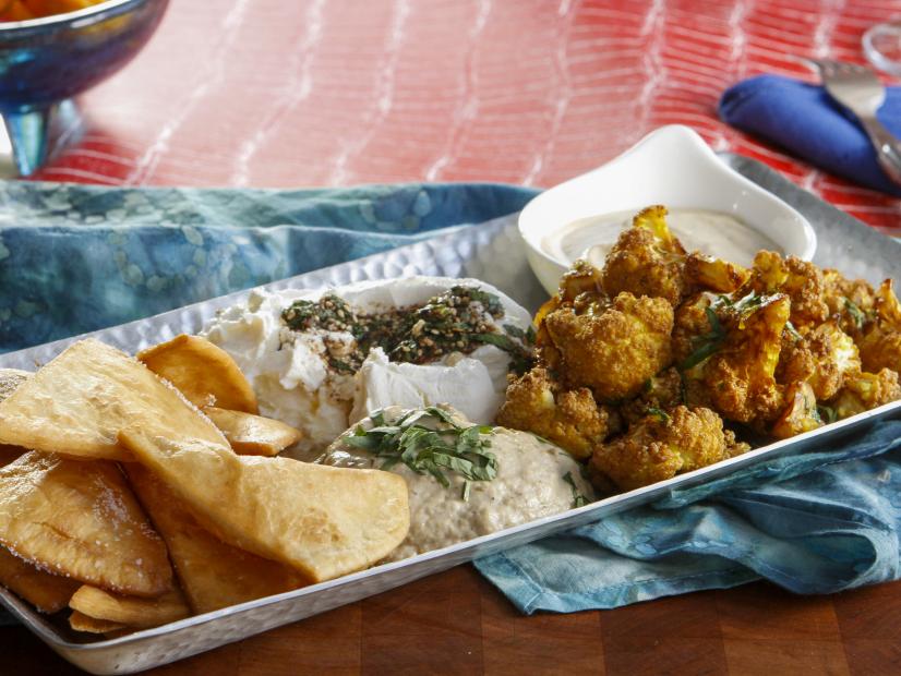 Duskie Estes' Fried Cauliflower with Tahini Dipper, Labneh, Smoky Eggplant, as seen on Guy's Ranch Kitchen Season 4.