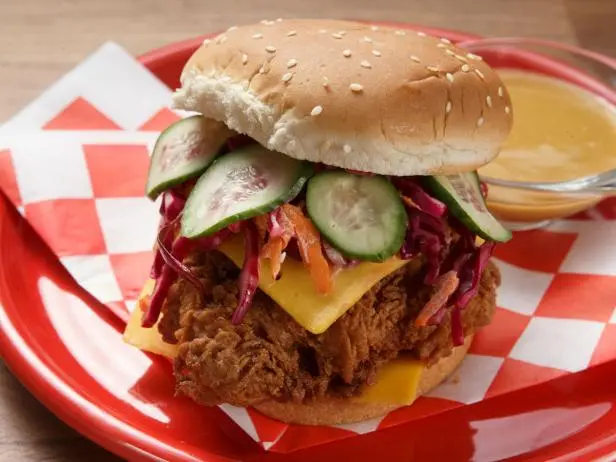 Fried Chicken Sandwich with Cabbage Slaw, Pickles, American Cheese and ...