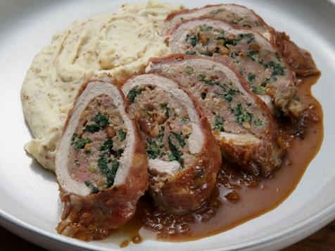 Pork Roulade with Broccoli Rabe and Sausage Stuffing and Mustard Mashed Potatoes