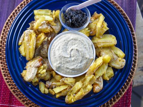 Smashed Fingerling Potatoes with Onion Dip and Caviar