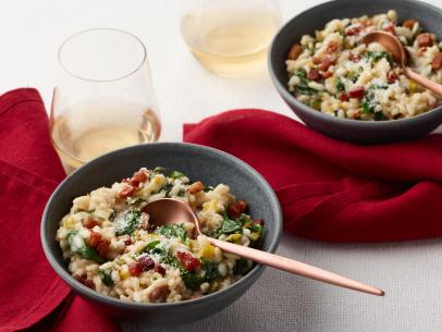Food Network Kitchen’s Pancetta and Leek Risotto for Two, as seen on Food Network.