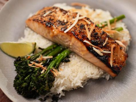 Sake and Miso Marinated Salmon with Coconut Rice and Broccolini