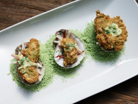 Crispy Fried Oysters with Wasabi Aioli and Asian Pear and Endive Salad