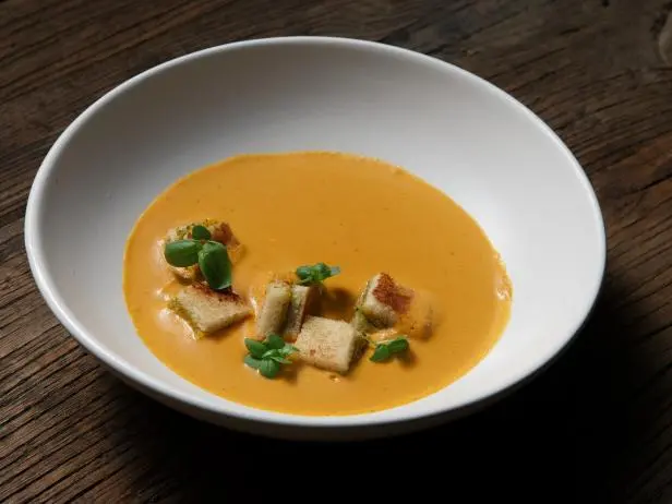 Tomato Sweet Potato Bisque With Pesto Grilled Cheese Croutons Recipe