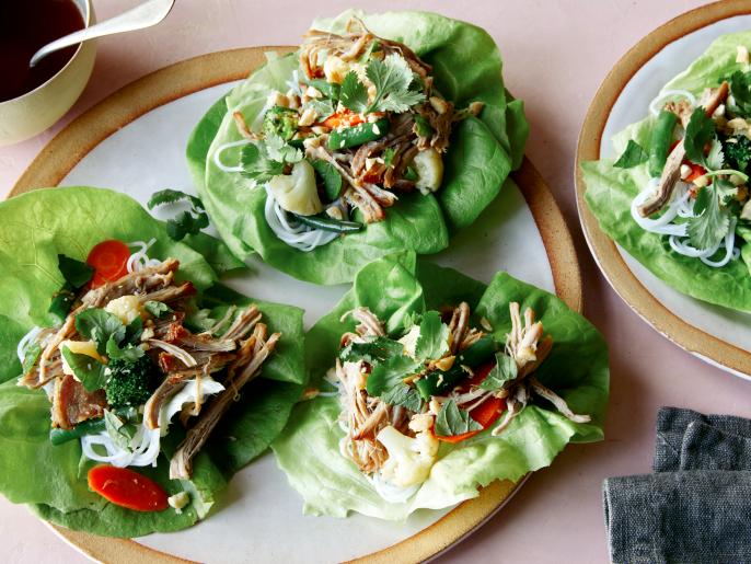 Pork, Veggie and Rice Noodle Lettuce Wraps with Sweet Chili Sauce