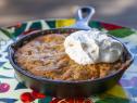 Eric Greenspan's Banana White Chocolate and Pretzel Skillet Cookie with Peanut Butter Whipped Cream, as seen on Guy's Ranch Kitchen Season 4.