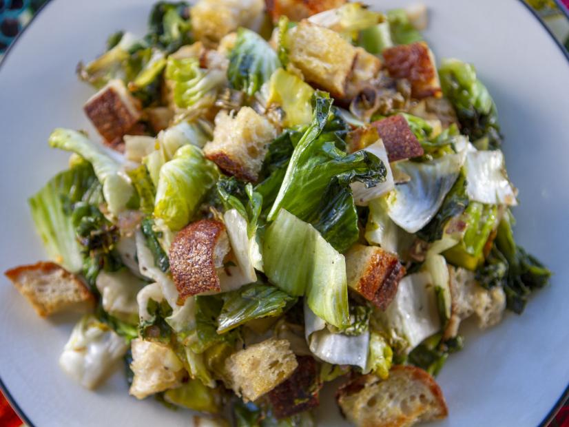 Marc Murphy's Escarole Salad with Warm Anchovy Vinaigrette, as seen on Guy's Ranch Kitchen Season 4.