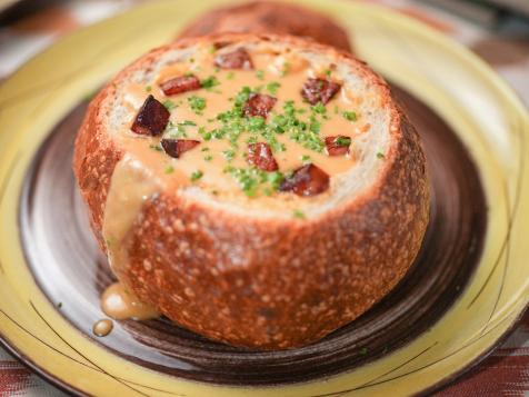 Beer Cheese Soup in a Bread Bowl with Kielbasa "Croutons"