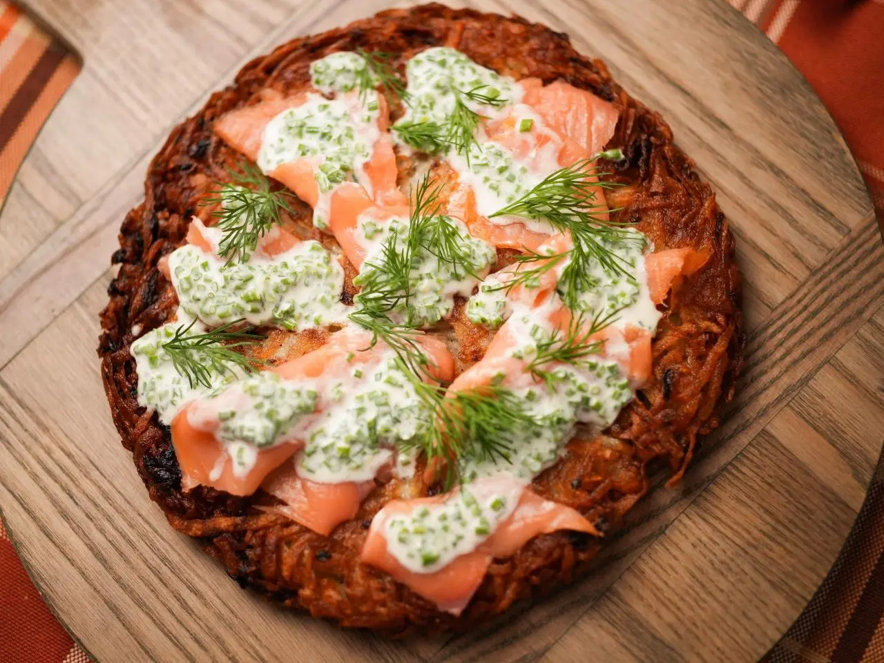 Crispy Hash Brown with Smoked Salmon, Crème Fraîche and Herbs